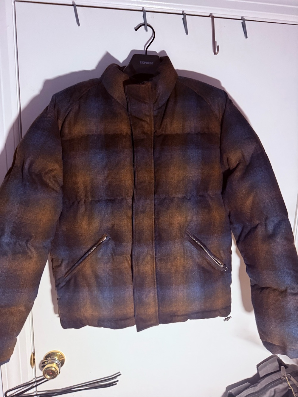 Brown & Blue Plaid Puffer Coat